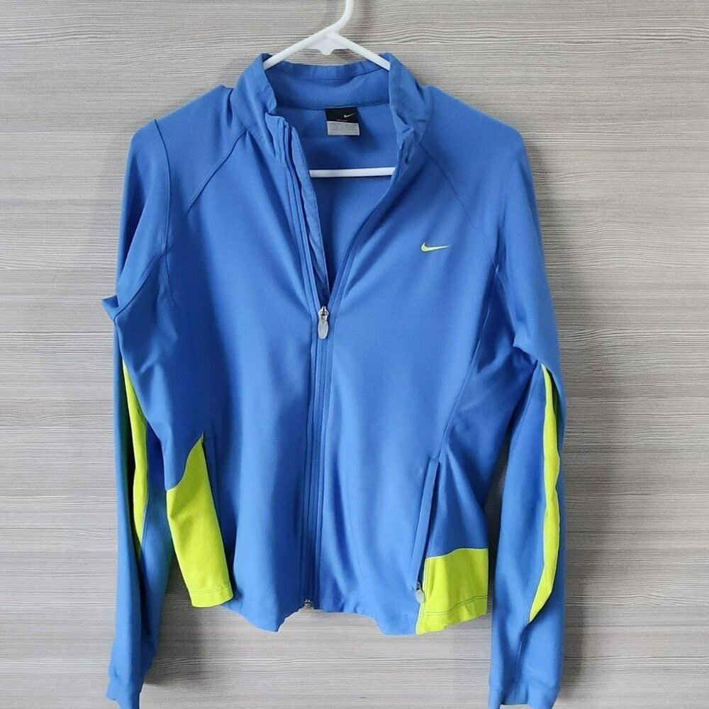 Nike Dri-Fit Warm Up Run Gym Jacket Junior L = Womens M Blue Yellow Full Zip